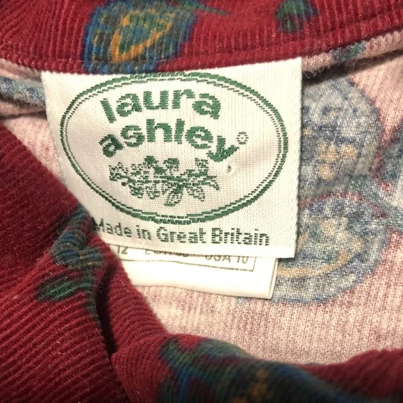VintageLauraAshley CORDUROY Drop Waist FLORAL DRESS Button Sz10 Maroon/Teal EUC - Picture 4 of 6